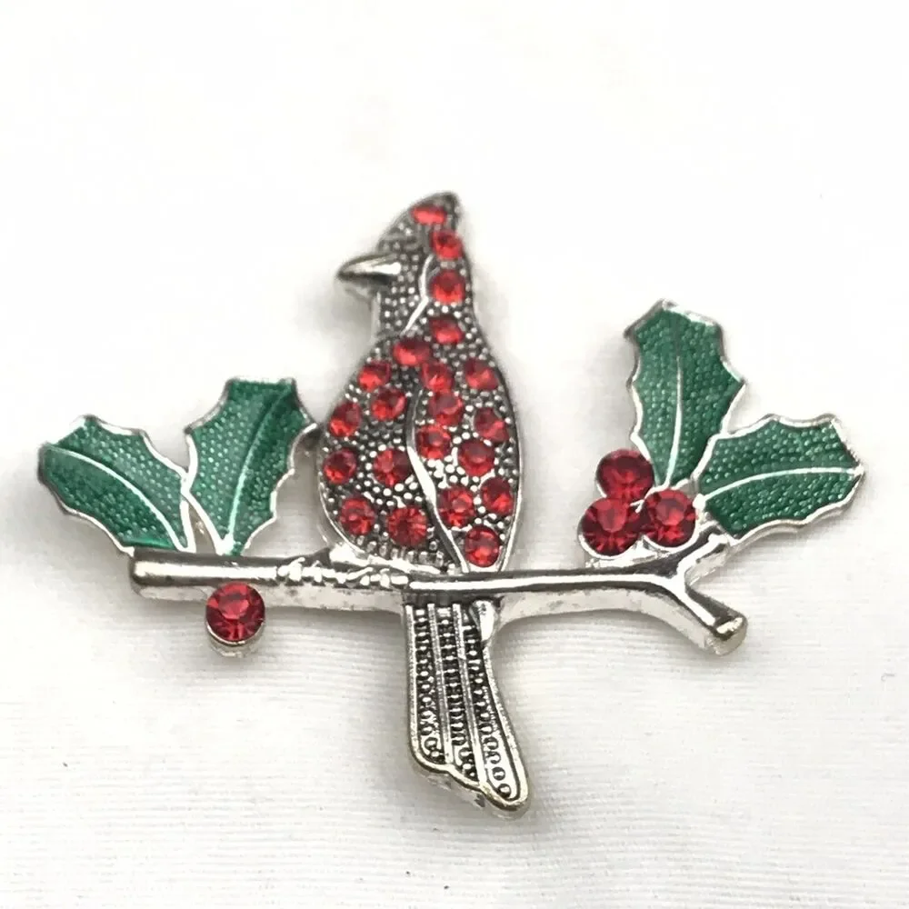 KC Brooch Red Green Enamel Jeweled Vintage Cardinal Holly Christmas Holiday